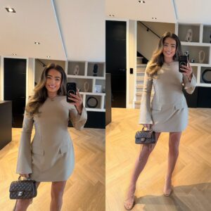 Taupe jurk met uitlopende mouwen en getailleerde pasvorm